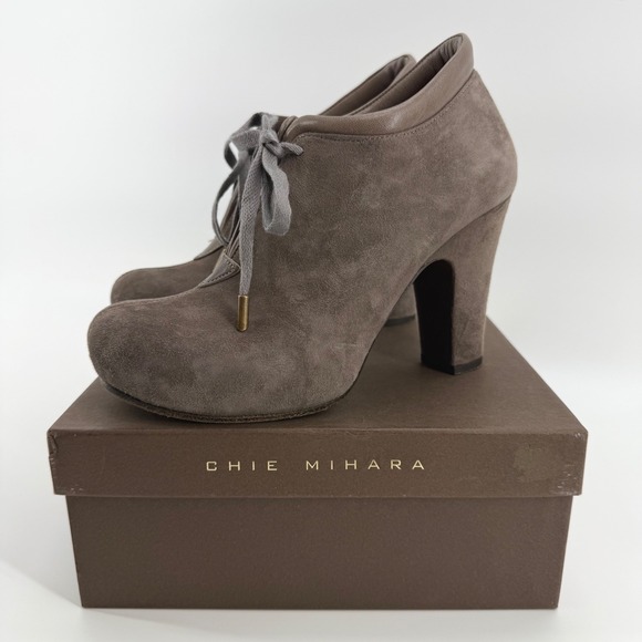 Chie Mihara Shoes - Chie Mihara Olga Suede Lace Up Block Heel Booties Womens 36.5 US 6.5 Spain Taupe